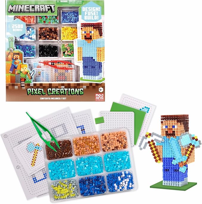 Minecraft Pixel Creations Bead Kit 2500 Beads with Pegboards & Templates Build Characters & Tools from, Encourages Hands-on STEM-Based Play Craft Set for Kids Ages 6+