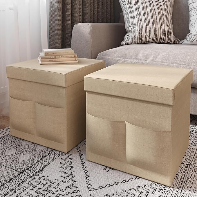 Set of 2 Ottomans with Storage Pockets - 15-Inch Folding Foot Rests or Storage Organizers for Bedroom, Living Room, or Dorm by Lavish Home (Beige)