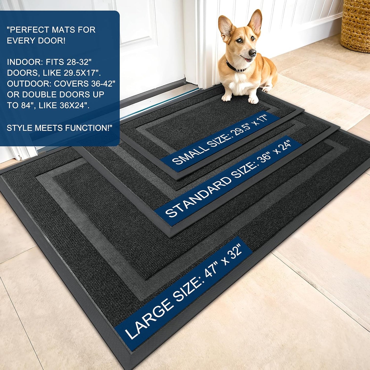 OLANLY Front Door Mat Indoor Outdoor Entrance, Waterproof All-Season, All-Weather Doormat, Sturdy Natural Rubber, Fade Resistant, Low Profile, Easy Clean Patio Porch Entryway Mat, 36x24, Black
