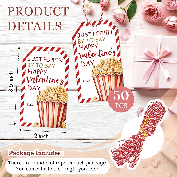Just Poppin Happy Valentines Gift Tags, 50 Pcs Valentine Tags with String, Popcorn Design Thank You Label for Gift Wrapping, Valent Day Decoration-Red White