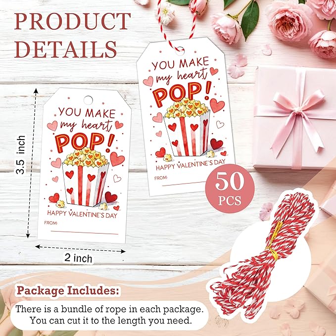 You Make My Heart Pop Valentines Gift Tags, 50 Pcs Valentine Tags with String, Valentines Day Thank You Gift Label for Bags School Classroom Party Favors