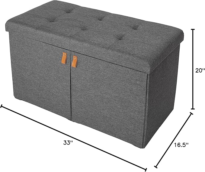Seville Classics Cushioned Fabric Ottoman Hidden Storage Chest Footrest Chair, Padded Seat for Bedroom, Dorm, Loft, Living Room, Entryway, Hallway, Modern Gray, 33" Shoe Bench w/ Door