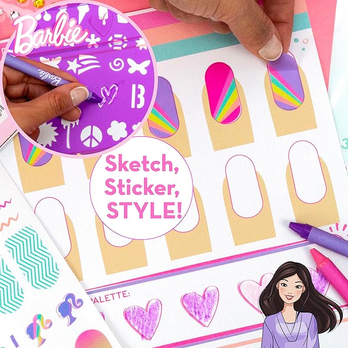 Barbie Nail Artist Magazine, 28-Page Magazine With Templates, Stickers, & Tips, Press-on Nails, Cute Nail Stickers & Gems, Crayons Included, 6 Year Old Girl Birthday Gift, Cute Girls Toys