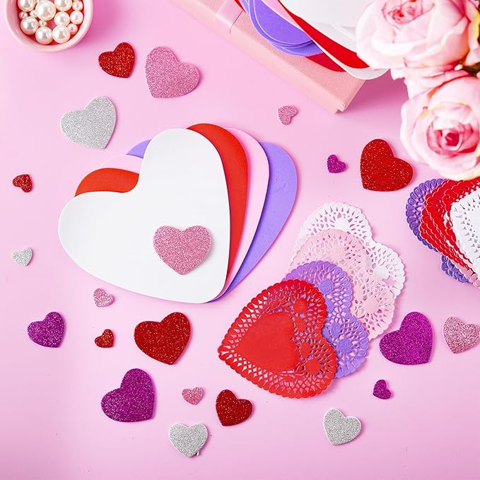 JOYIN 86 Pcs Valentines Day Heart Doilies Craft Gift Set with 50 Pcs Paper Doilies, 12 Foam Craft and 1 Bags of Glitter Foam Heart Stickers for Valentine's Day Party Tableware Decoration