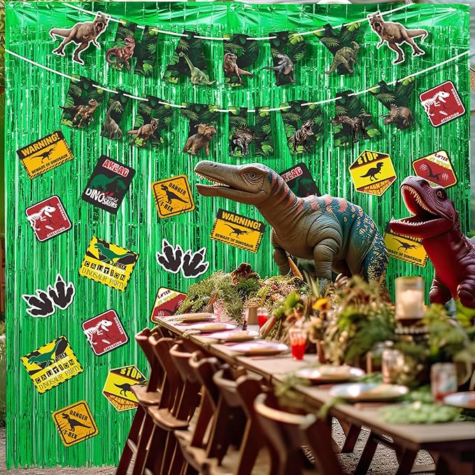 Epakh 39 Pcs Dinosaur Birthday Party Decorations Includes 24 Pieces Dino Paper Cards Decor 13 Pcs Dino Happy Birthday Banner 2 Foil Fringe Curtain Backdrop for Photo Prop Dinosaur Themed Party Supply