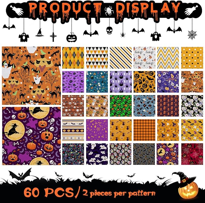 60 Pcs 10 x 10 Inch Halloween Fabric Polyester Fabric Bundle Fat Quarters Bat Pumpkin Ghost Skull Print Squares Holiday Quilting for DIY Decorations Sewing Craft, 30 Styles (Ghost)
