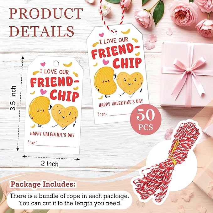 50Pcs Friend-chip Valentines Tags, Valentines Gift Label with String, Hanging Paper Gift Label for Wrapping Treat Bag, Idea Valentine's Activity School Classroom Party Favors