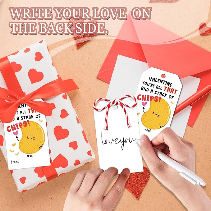 Friend-chip Valentines Tags, 50Pcs Valentines Gift Label with String, Hanging Paper Gift Label for Wrapping Treat Bag, Idea Valentine's Activity School Classroom Party Favors