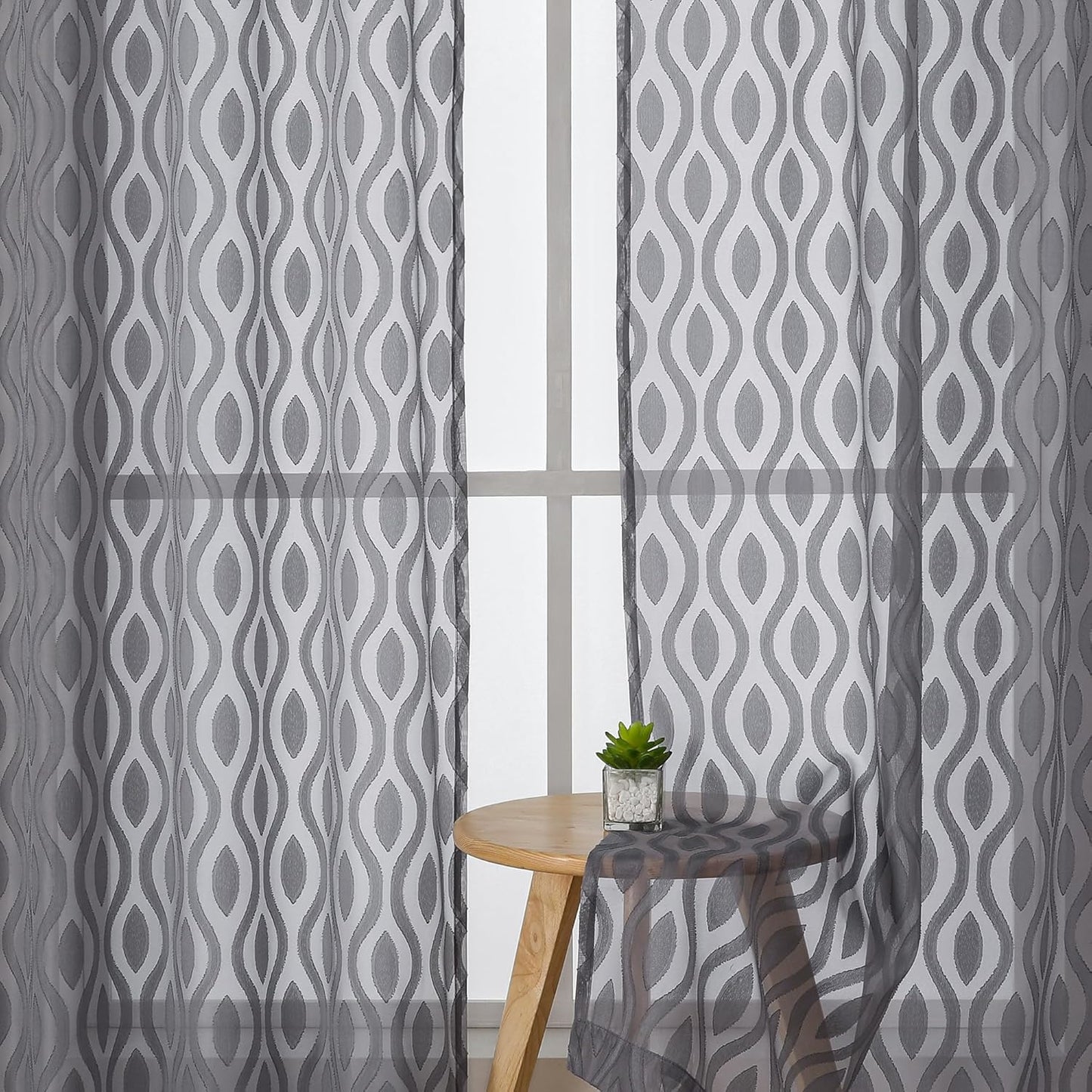 Aiyufeng Grey Sheer Curtains Tiers 36 Inch Length 2 Panels Set, Airy Lightweight Clip Jacquard Small Window Curtains, Modern Wavy Line Textured Voile Sheer Curtains for Small Windows, 40" Wx36 L Inch