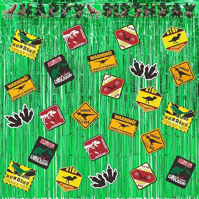 Epakh 39 Pcs Dinosaur Birthday Party Decorations Includes 24 Pieces Dino Paper Cards Decor 13 Pcs Dino Happy Birthday Banner 2 Foil Fringe Curtain Backdrop for Photo Prop Dinosaur Themed Party Supply