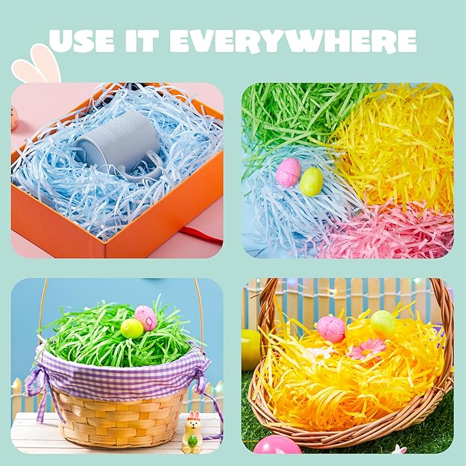 JOYIN 1.5 LB Multicolor Rainbow Easter Grass, Recyclable Gift Wrap Crinkle Filler Paper Shred(Pink, Yellow, Sky Blue, Green) for Easter Egg Hunt, Bags Basket Stuffers Filler, Party Decor Favor(24 oz)