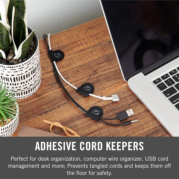 VELCRO Brand Cord Keepers | Charging Cord Organizer, Cord Holder for Nightstand, Desk | Removable Adhesive Backing | Soft Nylon Cable Clips | 5pk, Black