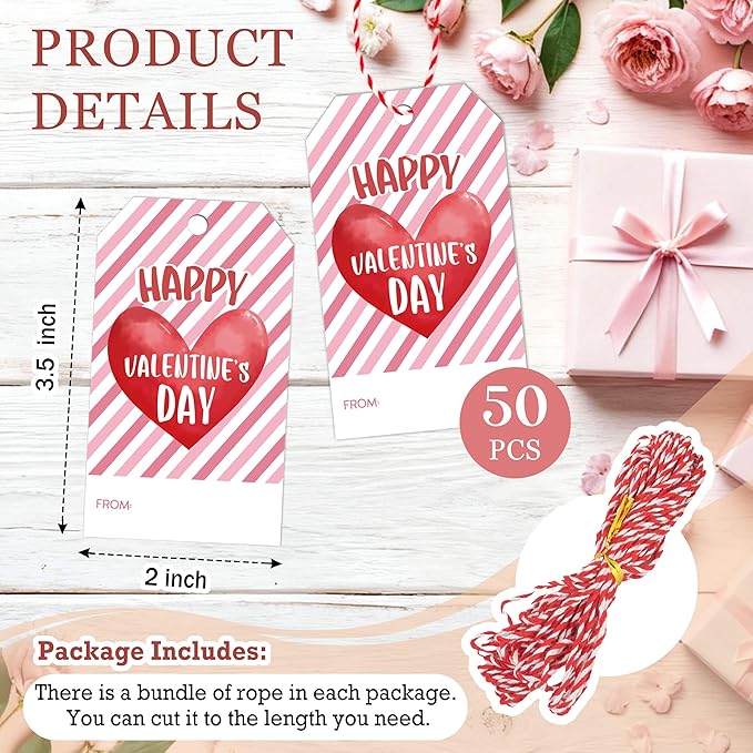 Happy Valentines Tags for Bags - 50Pcs Valentine Gift Tags with String, Hanging Paper Gift Label for Wrapping Treat Bag, Idea Valentines Activity School Classroom Party Favors