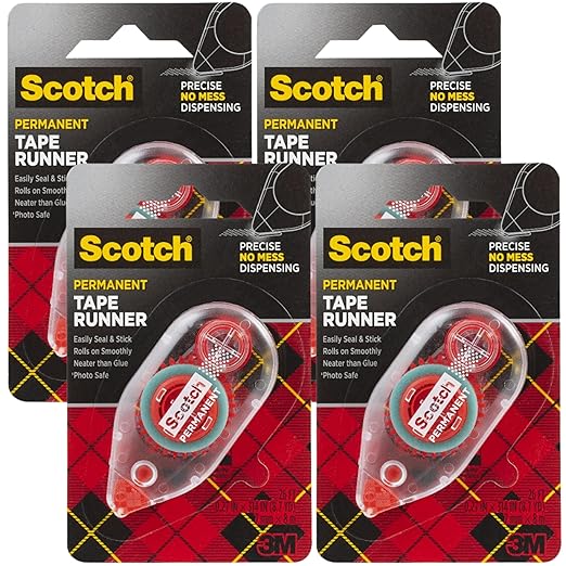 Scotch 6061 Scotch Double Sided Adhesive Roller Tape Runner, Permanent, Acid-Free, Photo-Safe Adhesive for Scrapbooking, Photo Mounting, and Crafts, 0.27 in x 26 ft per Roller, Pack of 4
