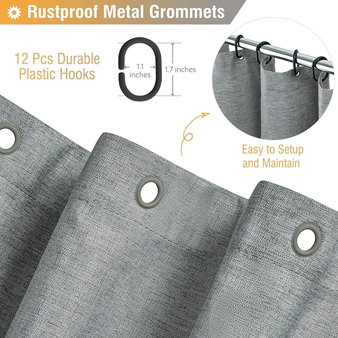 BTTN Long Grey Fabric Shower Curtain, 230GSM Linen Textured Heavy Duty Cloth Shower Curtain Set with Hooks, Waterproof Neutral Weighted Luxury Decorative Shower Curtains for Bathroom(Gray, W72xH78)