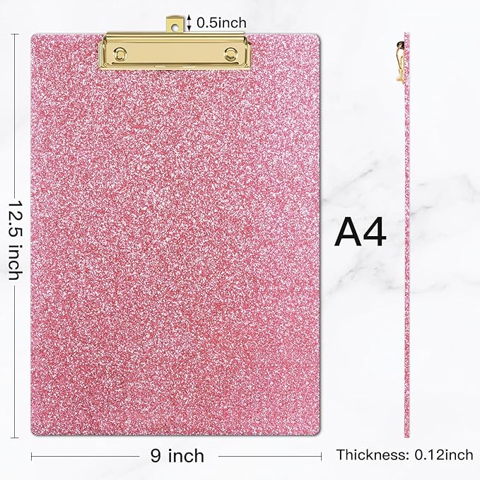 Piasoenc Acrylic Clipboards, Fashion Glitter Clip Board with Low Profile Gold Clip, Designed for Classroom School and Office Use, A4 Letter Size 9 x 12.5 in,Cute Pink