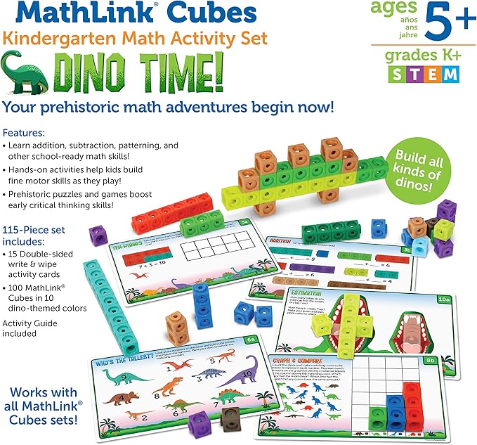 Learning Resources MathLink Cubes Kindergarten Math Activity Set: Dino Time! - Math Manipulatives for Elementary School, Kindergarten Toys, Counting Blocks for Classroom Centers and Homeschool