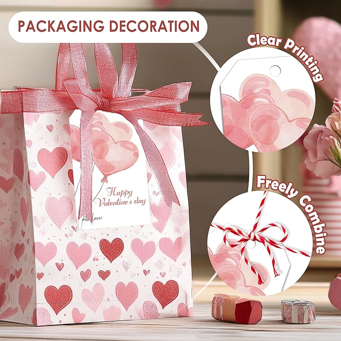 50Pcs Happy Valentines Tags for Bags - Balloon Valentine Gift Tags with String, Hanging Paper Gift Label for Wrapping Treat Bag, Idea Valentines Activity School Classroom Party Favors