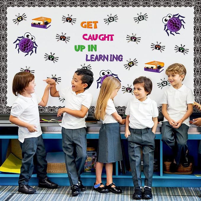 Yopyame 109PCS Get Caught Up in Learning Bulletin Board Set Halloween Handprint Spider Honeycomb Name Tags Cutouts Spider Web Border Trim Halloween Classroom Chalkboard Wall Decor Reading Room Decor
