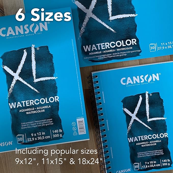 Canson XL Series Watercolor Textured Paper Pad for Paint, Pencil, Ink, Charcoal, Pastel, and Acrylic, Fold Over, 140 Pound, 9 x 12 Inch, 30 Sheets, Pack of 6