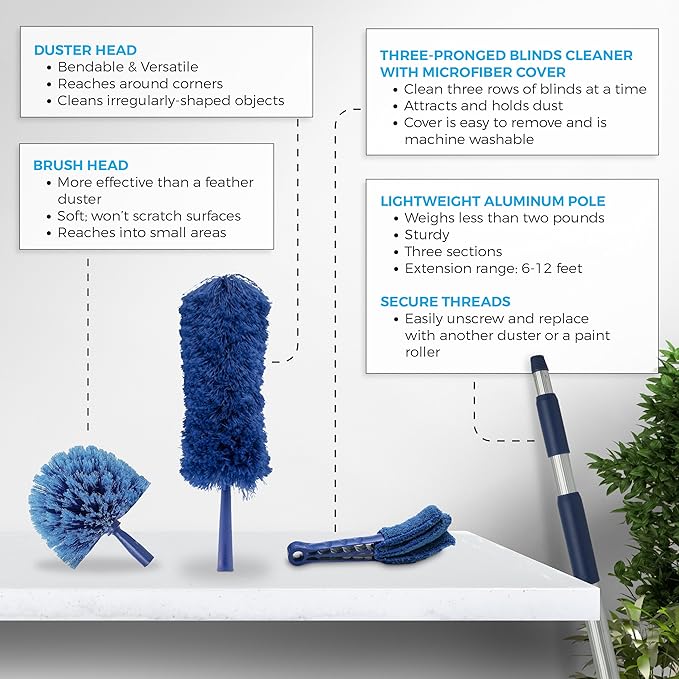 Extension Rod & Blue Extension Cobweb Duster Ultimate Dusting Kit - Extendable Reach 20 feet, Ceiling Fan Duster, Long Handle Aluminum Telescoping Pole, Webster Duster for Cleaning