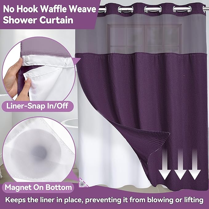 Conbo Mio No Hook Waffle Weave Shower Curtain with Snap in Liner Set, Hotel Luxury Purple Shower Curtains for Bathroom with See Through Top Window, Waterproof, Washable 71W x 74H