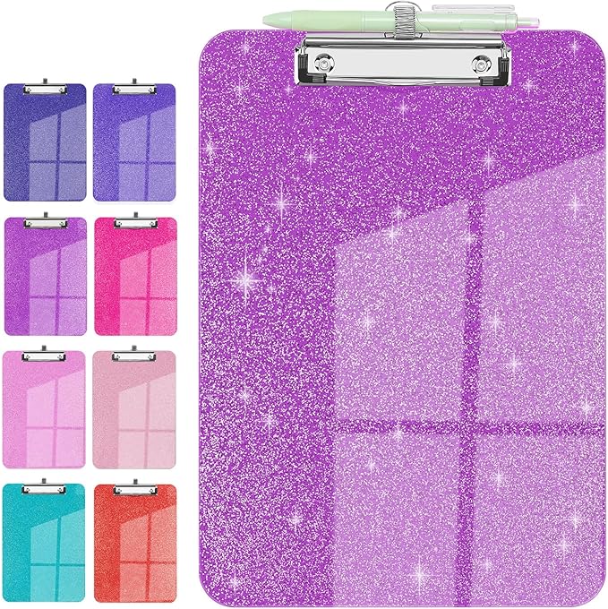 Sparkly Clipboard with Pen Holder, Clear Plastic Glitter Clip Board, Hanging Shiny Clipboards with Low Profile Metal Clip, Letter A4 Size for Taecher Women Office School (Dark Purple)