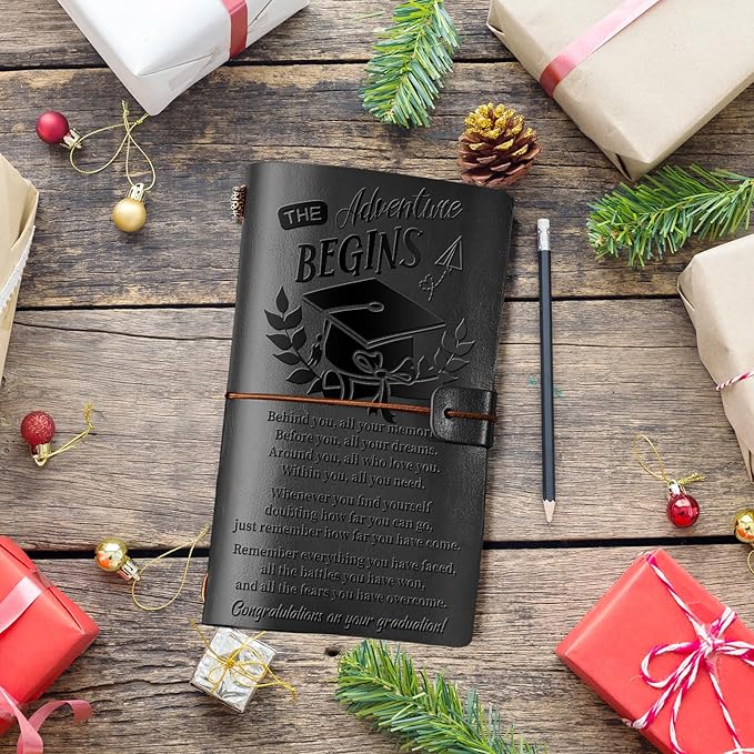 PRSTENLY Graduation Gifts Leather Journal, Graduation Gifts for Her Him 140 Page Refillable Journal, High School University College Graduation Gift Ideas for Women Men(Black)