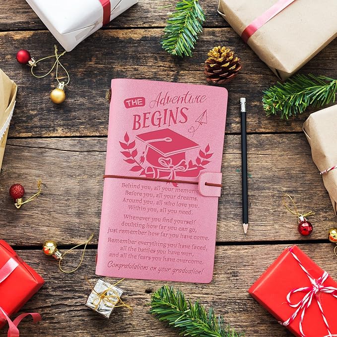 PRSTENLY Graduation Gifts Leather Journal, Graduation Gifts for Her Him 140 Page Refillable Journal, High School University College Graduation Gift Ideas for Women Men (Pink)