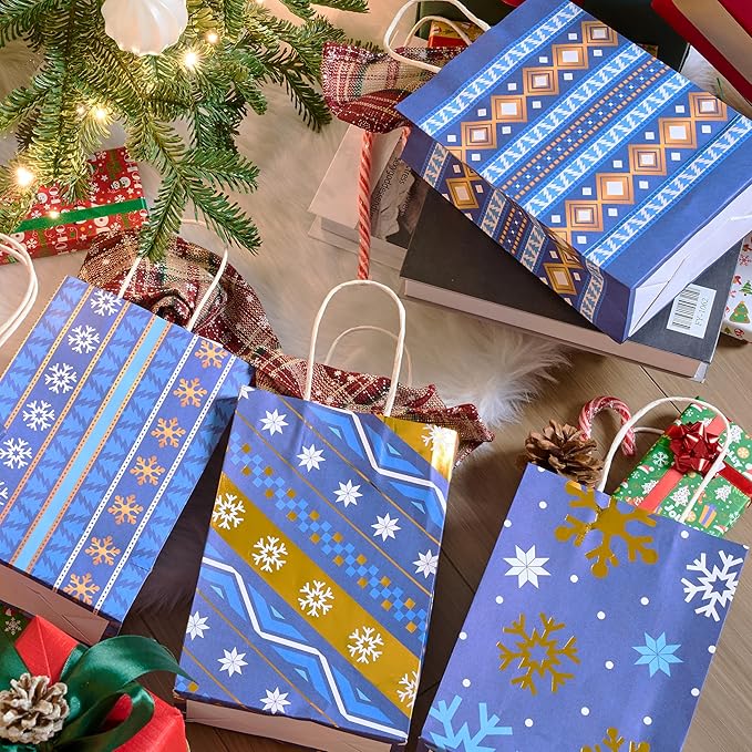 JOYIN 24 PCS Christmas Kraft Gift Bags Xmas Holiday Present Wrapping Paper Goody Bags with Handles for Classrooms and Wedding Decor, Party Favors and Decor Supplies (Blue, 8.27" x 5.91" x 3.15")