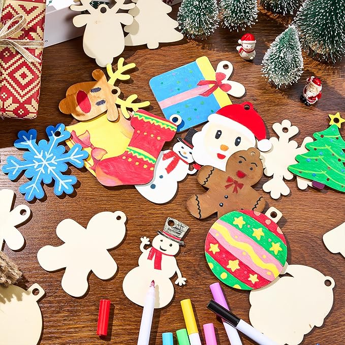 JOYIN 100 Pcs Christmas Wooden Ornaments Crafts to Paint, Unfinished Wood Painting Kits with 8 Watercolor Pens for Kids, Make Your Own DIY Hanging Ornament for Xmas Tree Decor Party Supplies (Age 8+)