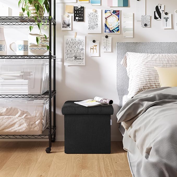 Seville Classics Cushioned Fabric Ottoman Hidden Storage Chest Footrest Chair, Padded Seat for Bedroom, Dorm, Loft, Living Room, Entryway, Hallway, Black Boucle, 15.7" Cube