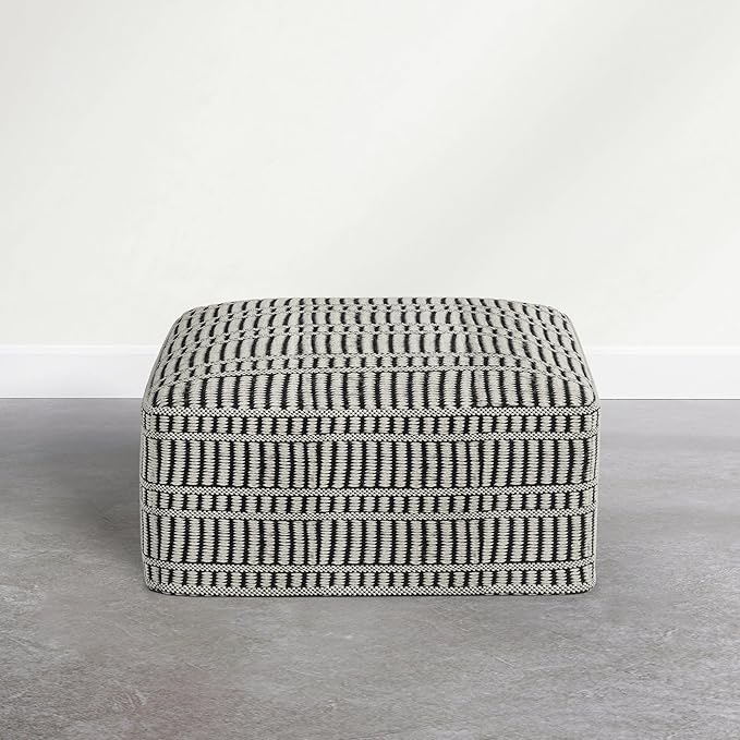 SIMPLIHOME Safford Square Pouf - 20 inch Wide Upholstered PET Polyester Ottoman in Cream White and Deep Black, Boho Indoor/Outdoor Footstool or Extra Seating for Living Room or Patio, Assembled