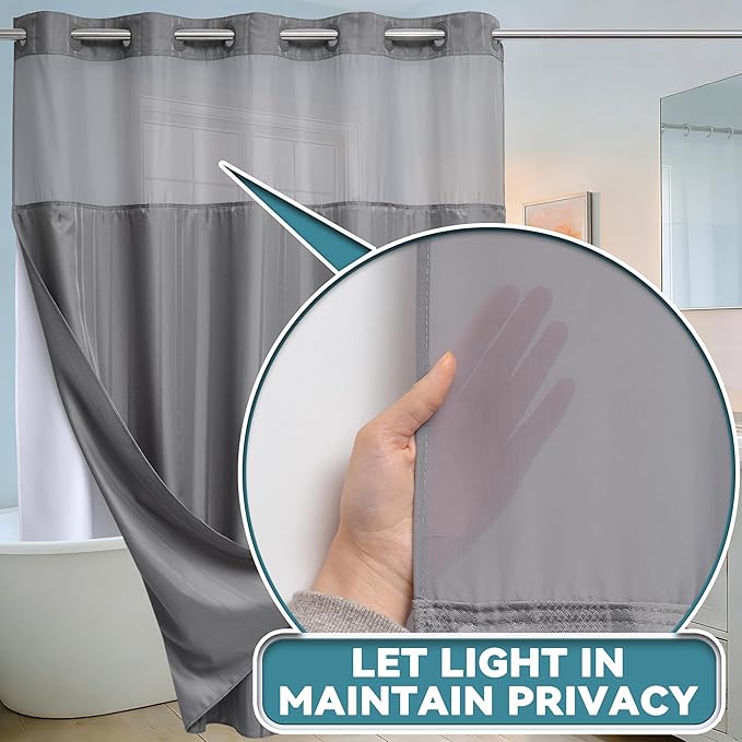 Conbo Mio No Hook Waffle Weave Shower Curtain with Snap in Liner Set, Hotel Luxury Grey Shower Curtains for Bathroom with See Through Top Window, Waterproof, Washable 71W x 74H Stripe