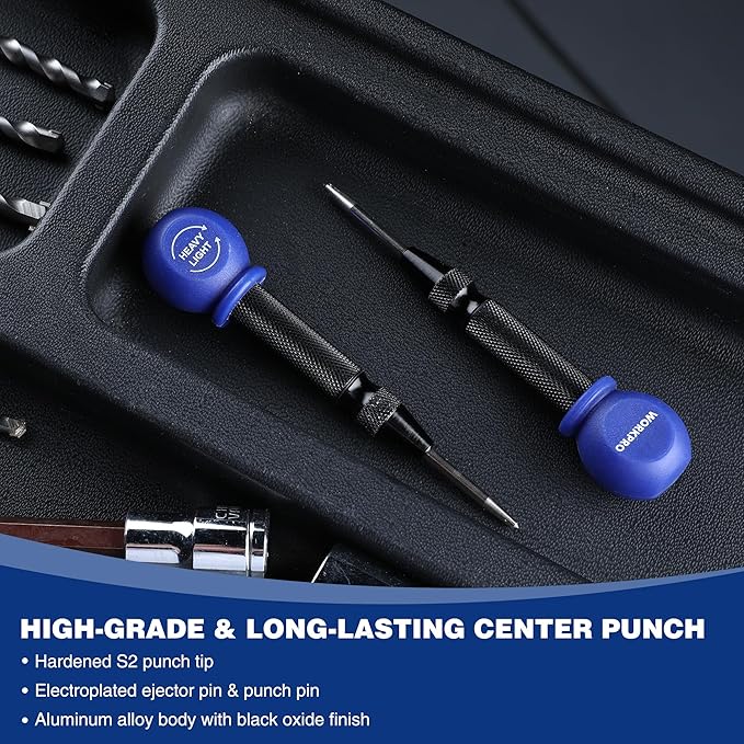 WORKPRO 5" Automatic Center Punch for Metal, Adjustable Spring Loaded Center Punch with Cushion Cap, Metal Punch Tool, Center Hole Punch for Wood, Metal, Plastic