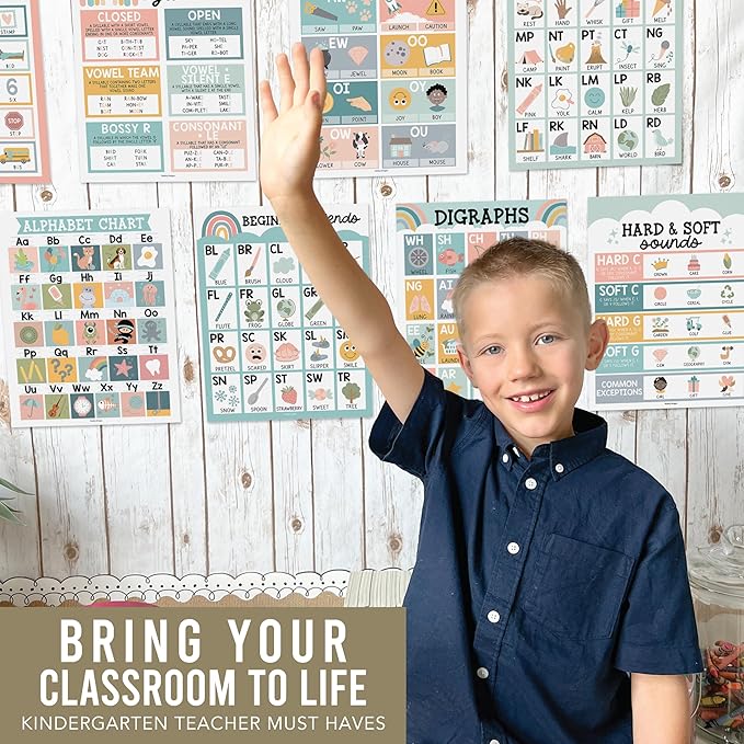 Hadley Designs Sound Wall Classroom Phonics Posters - Syllable Types Posters For Classroom Decor, Long and Short Vowel Sounds Chart, Digraphs and Blends Poster, 9 Boho Sound Wall Bulletin Board Set