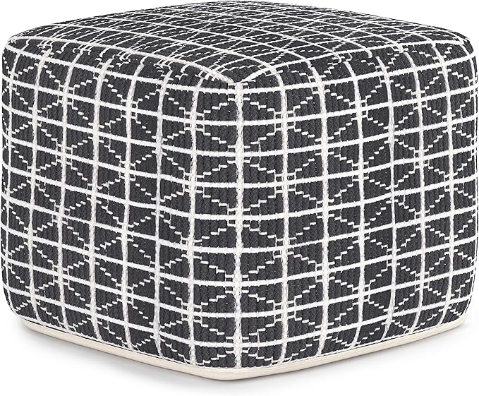 SIMPLIHOME Noreen Square Pouf - 18 inch Wide Upholstered Handwoven Cotton Ottoman in Slate Grey and White, Boho Footstool or Extra Seating for Living Room with Polystyrene Filling, Assembled