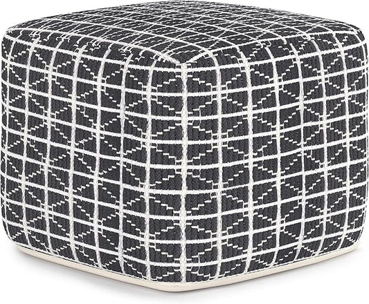SIMPLIHOME Noreen Square Pouf - 18 inch Wide Upholstered Handwoven Cotton Ottoman in Slate Grey and White, Boho Footstool or Extra Seating for Living Room with Polystyrene Filling, Assembled