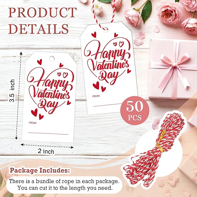 50Pcs Happy Valentines Tags for Bags - Valentine Gift Tags with String, Hanging Paper Gift Label for Wrapping Treat Bag, Idea Valentines Activity School Classroom Party Favors