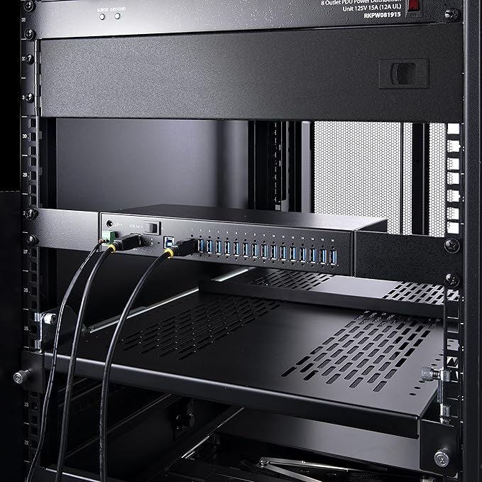 StarTech.com 16-Port Industrial USB 5Gbps Hub with Power Adapter, Metal, DIN/Surface/Rack Mountable, Dual-Host Hub/Switch, TAA