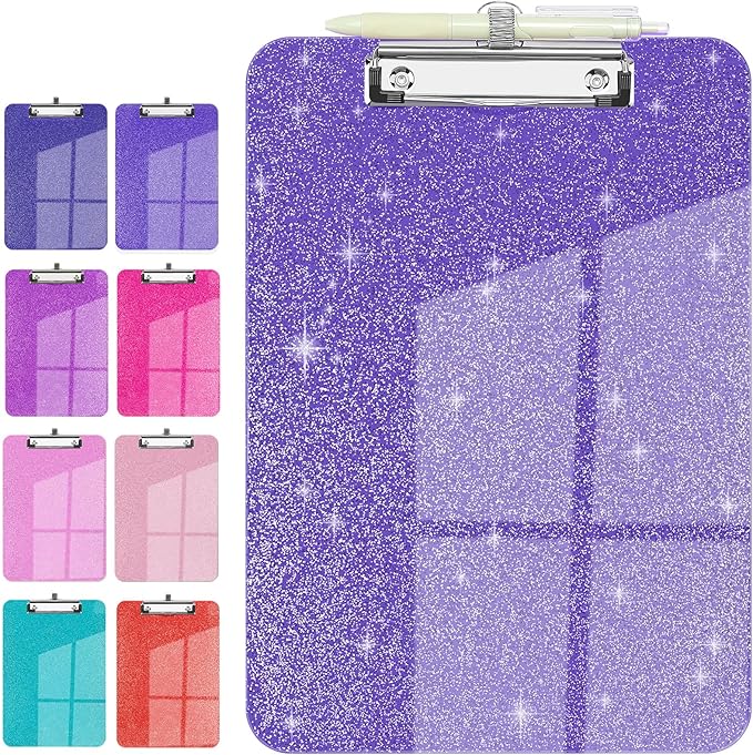 Sparkly Clipboard with Pen Holder, Clear Plastic Glitter Clip Board, Hanging Shiny Clipboards with Low Profile Metal Clip, Letter A4 Size for Taecher Women Office School (Clear Purple)