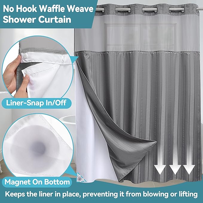 Conbo Mio No Hook Waffle Weave Shower Curtain with Snap in Liner Set, Hotel Luxury Grey Shower Curtains for Bathroom with See Through Top Window, Waterproof, Washable 71W x 74H Stripe