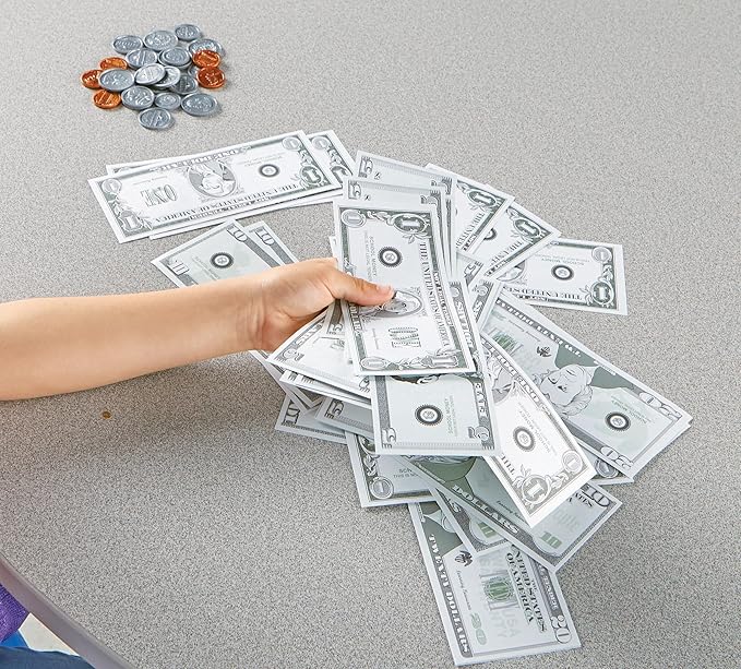 Learning Resources Pretend Play Money - Math Manipulatives for Kids, Kids Bank, Plastic Coins, Cash Register, Toddler, Homeschool Supplies, Fine Motor Skills, Teaching Set Manipulatives