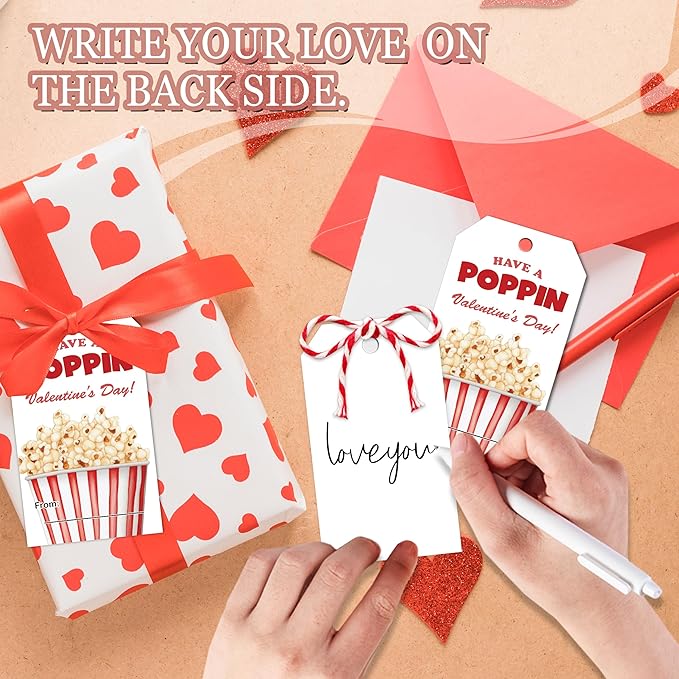 50 Pcs Have A Poppin Valentines Day Sticker Label, Valentine Gift Tags with String, Gift Tag Paper Tags Labels Idea Valentines Activity School Classroom Party Favors