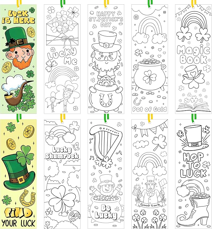 100Pcs St. Patrick’s Day Color Your Own Bookmarks Shamrock Lucky Clover DIY Coloring Blank Bookmarks with Ribbon Irish Holiday Art Crafts Supplies Classroom Reward Gifts Party Favors for Kids Students