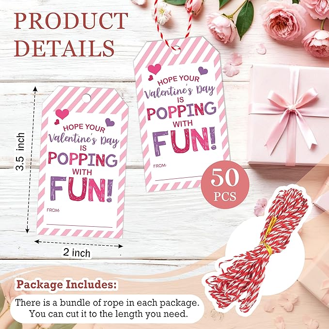 50 Pcs Have A Poppin Valentines Day Sticker Label, Valentine Gift Tags with String, Gift Label Idea Valentines Activity Party Favors-Pink White