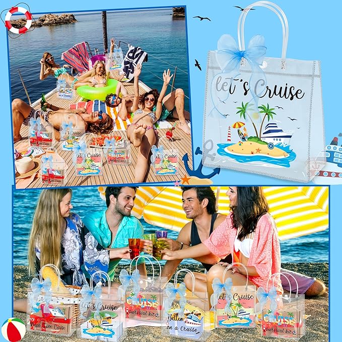 H1vojoxo Summer PVC Gift Bags - 24PCS Cruise Clear PVC Gift Bags with Handle and Blue Ribbon 4 Styles Waterproof and Reusable Cruise Beach Theme Transparent Tote Bag Nautical Party Favor Bag