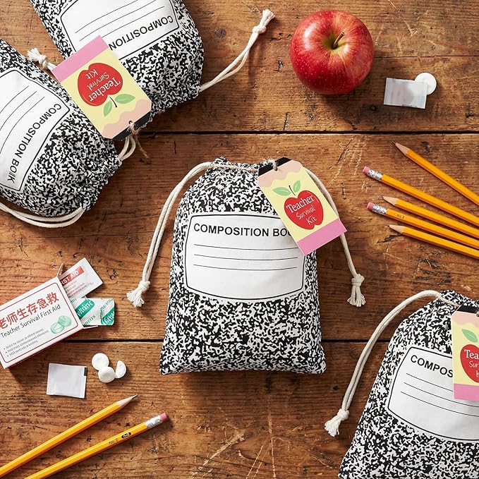 Sweetude 24 Set Teacher Appreciation Gifts Drawstring Bags Composition Notebook Bags with Tags Teacher Supplies Survival Kit Thank You Canvas Gift Wrap for Holiday Graduation Birthday Party
