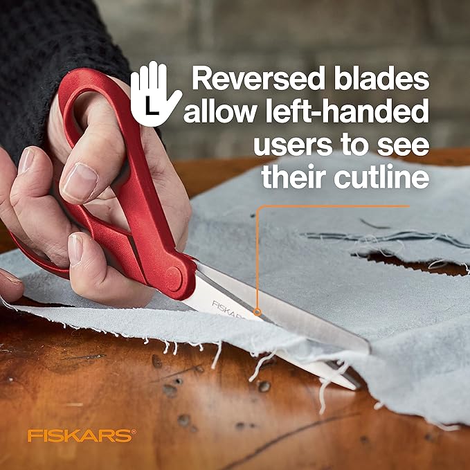 Fiskars Left-Handed Scissors, Precision Cutting for Craft Fabric Paper, Ergonomic Comfort Grip, Stainless Steel, 8", Red