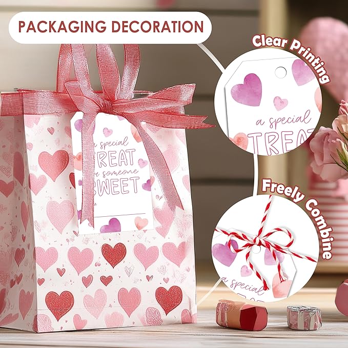 50Pcs Valentines Day Gift Sticker Tags - Happy Valentine's Day Tags with String, A Special Treat for Someone Sweet Label for Gift Wrapping, Valentine's Day Decoration